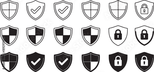 Flat shield with security symbols in black and white also transparent background shield security symbols