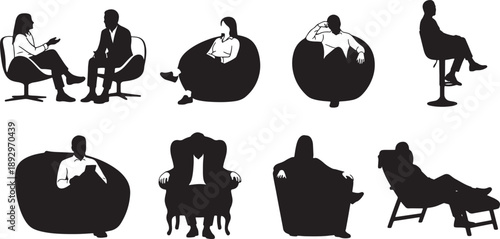 Flat silhouette of people sitting in various chairs and poses also transparent background silhouettes