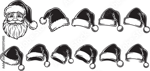 Hand drawn black and white Santa Claus face and festive elf hats also transparent background Christmas