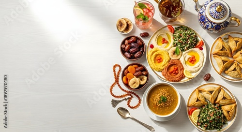 Ramadan kareem iftar table setting with delicious traditional food and decorations