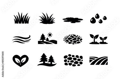 Fresh Meadow Icons. Fresh Meadow Grass. Solid icon set of Fresh Meadow Grass: tall grass blades, wild grass tufts, open field ground, scattered dew drops,