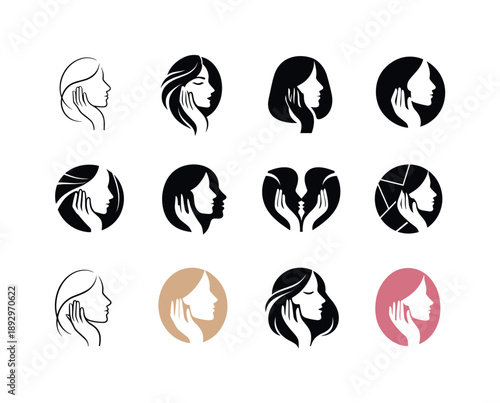 Feminine Beauty Icons. feminine beauty. Icon set. Set Logo of feminine beauty: hand gently touching face. harmonious logo variations of the same emblematic