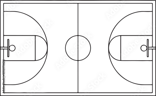 Minimalist line of a basketball court with black lines on white background also transparent background