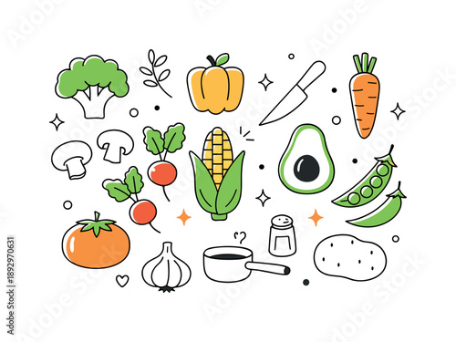 Seasonal Produce Display. Seasonal produce flat lay scene. Vegetables arranged in a loose grid pattern, simple silhouettes and soft shadows. Everyday cooking