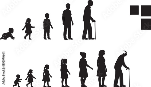Of human life stages from infancy to old age in black silhouettes on white background also transparent background