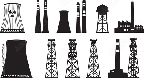 Industrial power plant cooling towers and symbols also transparent background power plants nuclear