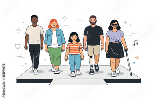 Inclusive Fashion Runway. Inclusive fashion for all body types. Different body types walking on a simple runway, wearing casual everyday fashion rather than