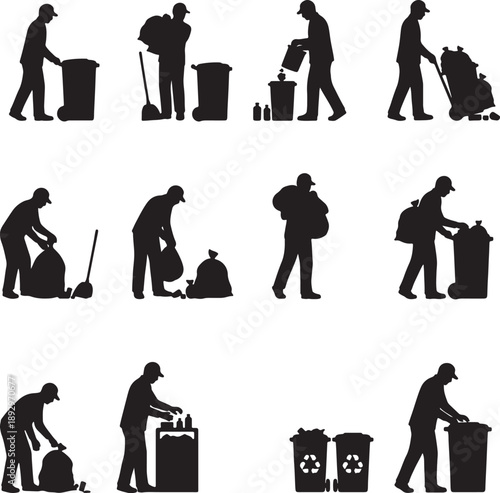 Sanitation worker performing various tasks with trash cans and cleaning equipment in silhouette also transparent background