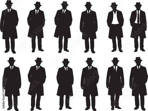 Set of twelve black silhouettes of faceless businessmen in various poses wearing coats and hats also transparent background