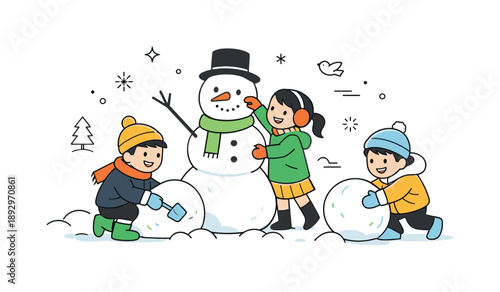 Joyful Snowman Building. Building a snowman winter play. Children laughing and shaping snow with simple tools. Spontaneous fun and seasonal playfulness.