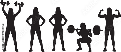 Silhouette sequence of muscular people performing various weightlifting exercises including overhead lifts and squats also transparent background