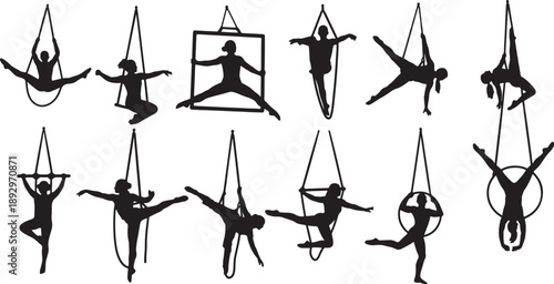 Silhouette sequence of aerial acrobats performing dynamic poses on aerial silks and hoops also transparent background