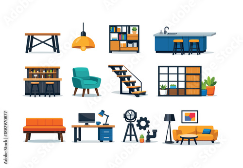 Colorful Interior Icons. Interior design. Colorful flat vector icons set of interior design: wood metal table, modern lamp, shelving unit, kitchen island, bar