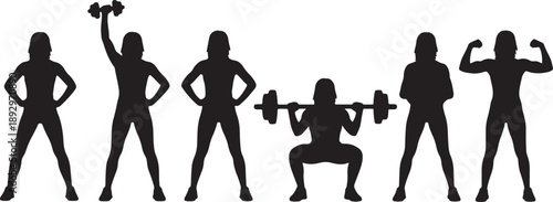 Silhouette sequence of muscular woman performing various weightlifting exercises also transparent background