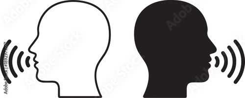 Two human head silhouettes facing each other with sound waves also transparent background human heads