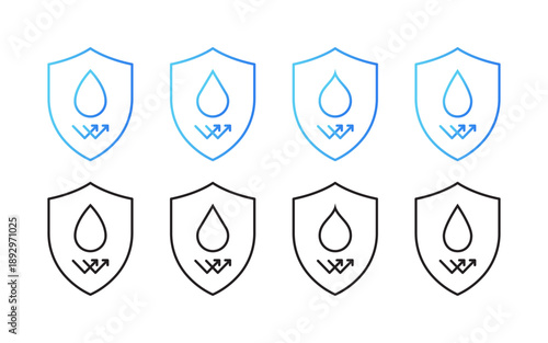 Waterproof and water resistant shield icon set. Protection from liquid blue and black linear vector symbols