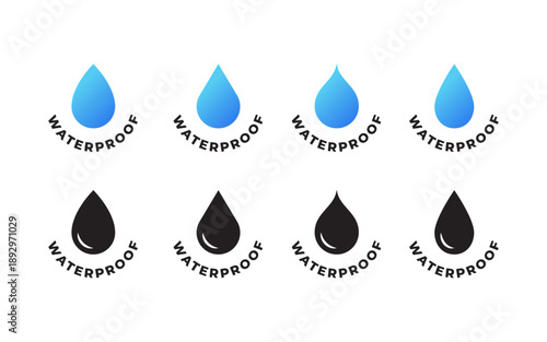 Waterproof drop logo with typography. Water repellent blue gradient and black droplet icons