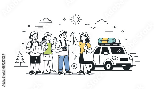 Weekend Journey Excitement. Weekend road trip. People heading out of town together, relaxed and excited for the journey. Feeling of escape, discovery, and