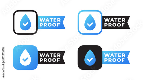 Waterproof badge collection with check mark. Water resistant label for product packaging and marketing