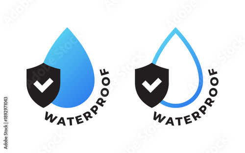 Waterproof protection symbol with shield and drop. Water resistant liquid proof blue and black icons