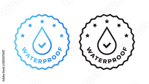Premium waterproof stamp set with stars. Quality certificate badge for water resistant technology