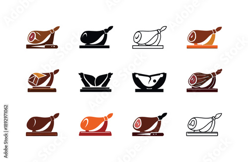 Charcuterie Logo Variations. charcuterie. Icon set. Set Logo of charcuterie: prosciutto leg on stand. harmonious logo variations of the same emblematic