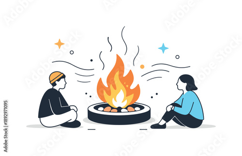 Minimalist Fire Pit Scene. Minimal fire pit scene. Simple fire pit with seated figures nearby, abstract flames and motion lines suggesting warmth and calm