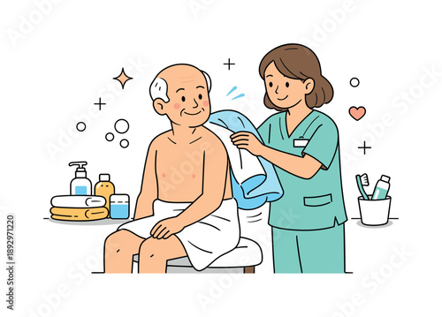 Caring Hands Smiling. Elderly hygiene assistance. A nurse helping a senior with personal hygiene tasks using towels and care products. Warm professional care