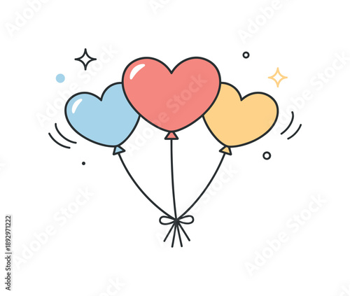 Heart Balloons Illustration. Romantic heart balloons illustration. Minimal heart-shaped balloons tied with thin strings, surrounded by abstract motion lines,