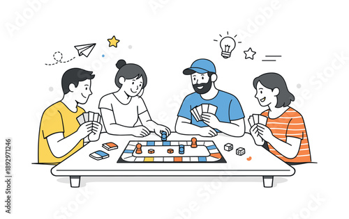 Board Game Gathering. Playing board games. Group of people sitting around a table with a board game and cards. Relaxed fun and friendly interaction during