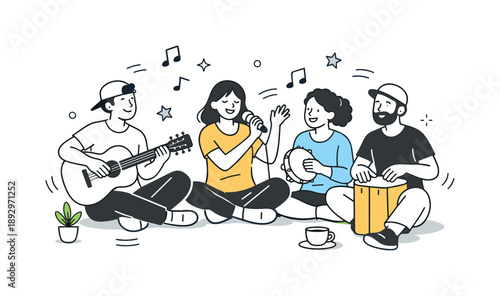 Joyful Music Jam. Music jam session energy. Group enjoying the music together with relaxed smiles and movement. Joy, expression and shared creative moment.