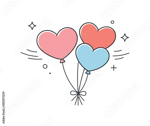 Heart Balloons Illustration. Romantic heart balloons illustration. Minimal heart-shaped balloons tied with thin strings, surrounded by abstract motion lines,