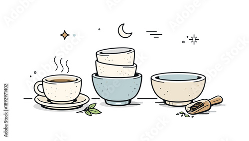 Stoneware Tea Cups. Stoneware tea cups. A set of handmade stoneware tea cups arranged calmly on a table, subtle texture and natural imperfections creating a