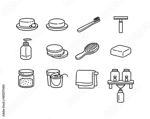 Low-Waste Icons. Low-Waste Bathroom. Line icon set of Low-Waste Bathroom: shampoo bar, conditioner bar, bamboo toothbrush, metal razor, refill bottle, cotton