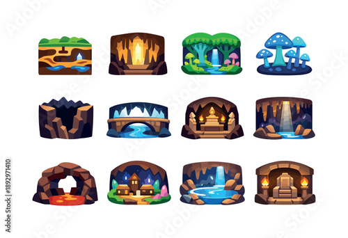 Colorful Underground Icons. Underground worlds. Colorful flat vector icons set of underground worlds: layered cavern map, giant cavern hall, subterranean