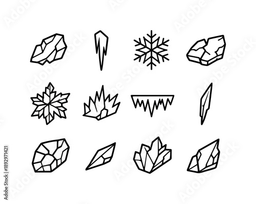 Ice Shard Icons. Ice shards. Line icon set of Ice shards: frozen fragment, sharp icicle, frost crystal, cracked ice piece, snowflake shard, jagged freeze
