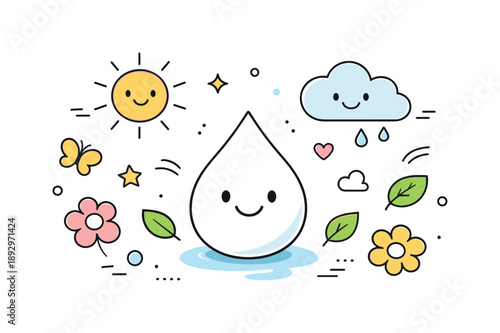 Spring Symbols Abound. Spring freshness concept. Abstract spring symbols like flowers, sun, clouds, and leaves floating around a central element. Light,