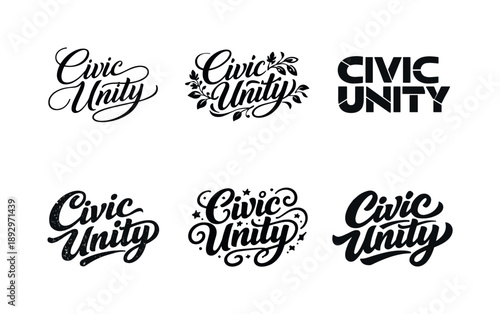 Civic Unity Typography. Civic unity. Set lettering. harmonious lettering variations of the same emblematic concept, each with different artistic interpretation