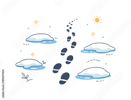 Footprints in Snow. Footprints in melting snow. Minimal editorial illustration showing a quiet path of footprints disappearing into thawing snow, calm and