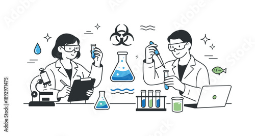 Water Testing Laboratory. Water contamination. Scientists calmly testing water samples in a laboratory setting, focused work and careful observation. The mood