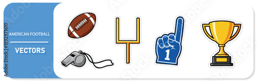 American football icons set with ball, goalpost, foam finger, whistle, trophy