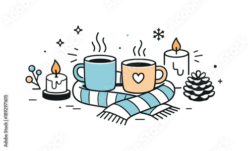 Cozy Winter Essentials. Winter still life. Simple tabletop props like mugs, scarves, and candles placed in harmony, expressing warmth, comfort, and a quiet