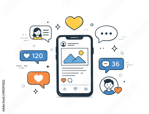 Social Media Engagement. Marketing campaign visuals. A calm social media campaign scene with posts, likes, and comment bubbles floating around a smartphone,