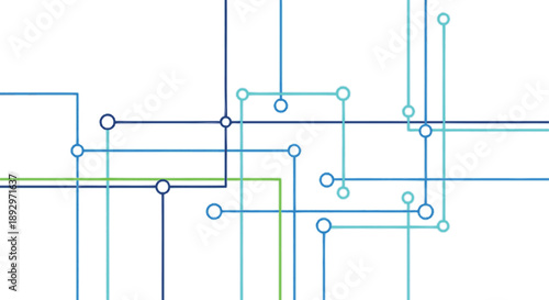 Abstract network of blue and green lines with interconnected circles on a white background, symbolizing connectivity and data flow