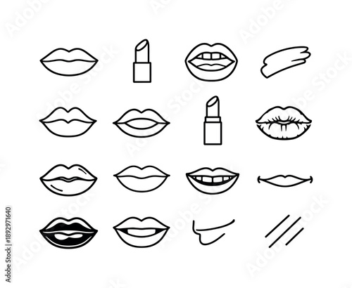Bold Lipstick Icons. Bold Lipstick Shades. Line icon set of Bold Lipstick Shades: lips front view, lipstick bullet, lip outline open, lipstick swipe stroke,