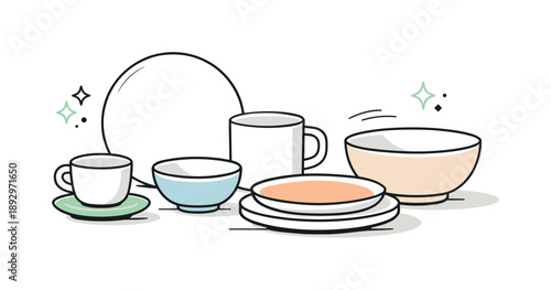 Minimal Ceramic Tableware. Modern tableware display. Minimal ceramic tableware on a neutral surface, a mix of bowls, plates, and cups showing