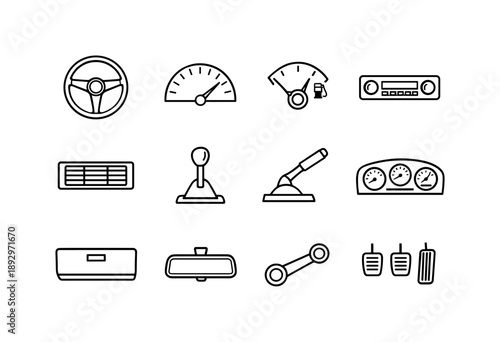 Vintage Car Icon Set. Vintage car interior. Line icon set of Vintage car interior: classic steering wheel, analog speedometer, fuel gauge, radio knob, air