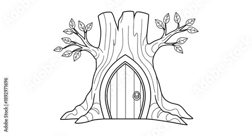 Whimsical tree trunk with a fairy door, perfect for fantasy illustrations and storybooks
