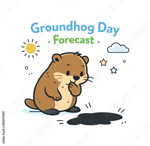 Groundhog's Curious Moment. Groundhog Day forecast concept. Cute groundhog looking at its shadow, expressing curiosity and quiet anticipation. Simple