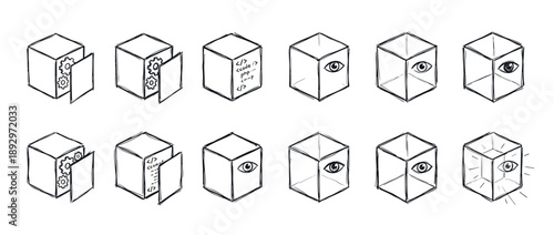 Hand-drawn sketch icons of cubes illustrating software development concepts like backend mechanics with gears, frontend visibility with an eye, and programming code